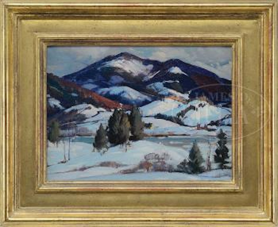 Sunlit winter landscape with yellow house, Vermont mountain in background by Aldro Thompson Hibbard