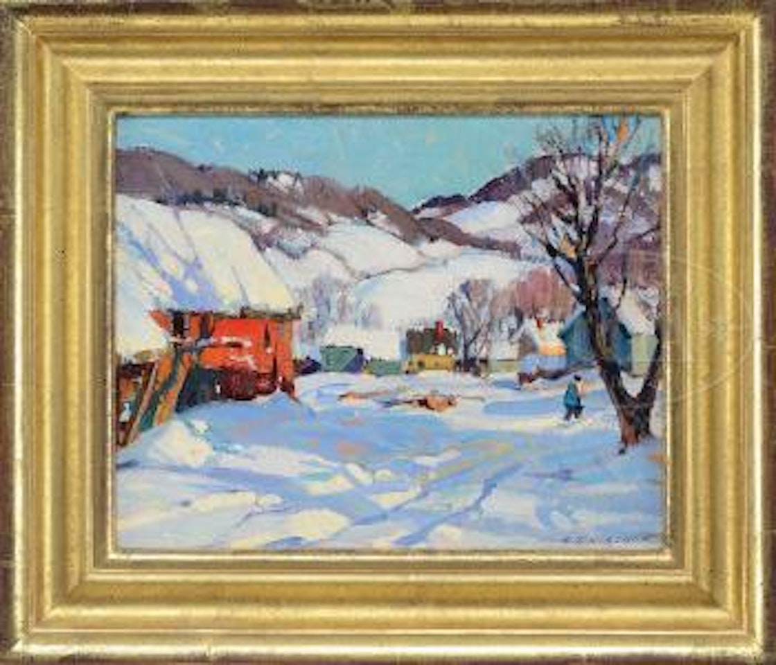 Red barn with figure in winter by Aldro Thompson Hibbard