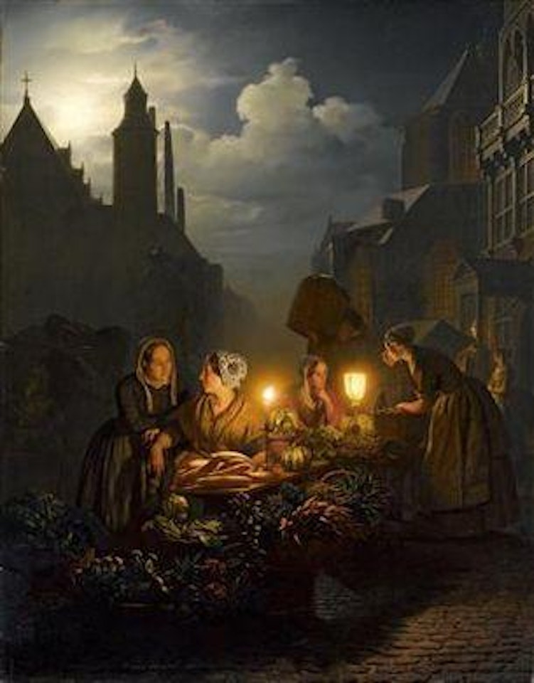 Abendlicher Gemüsemarkt, im Hintergrund ein Capriccio von Den Haag by Petrus van Schendel