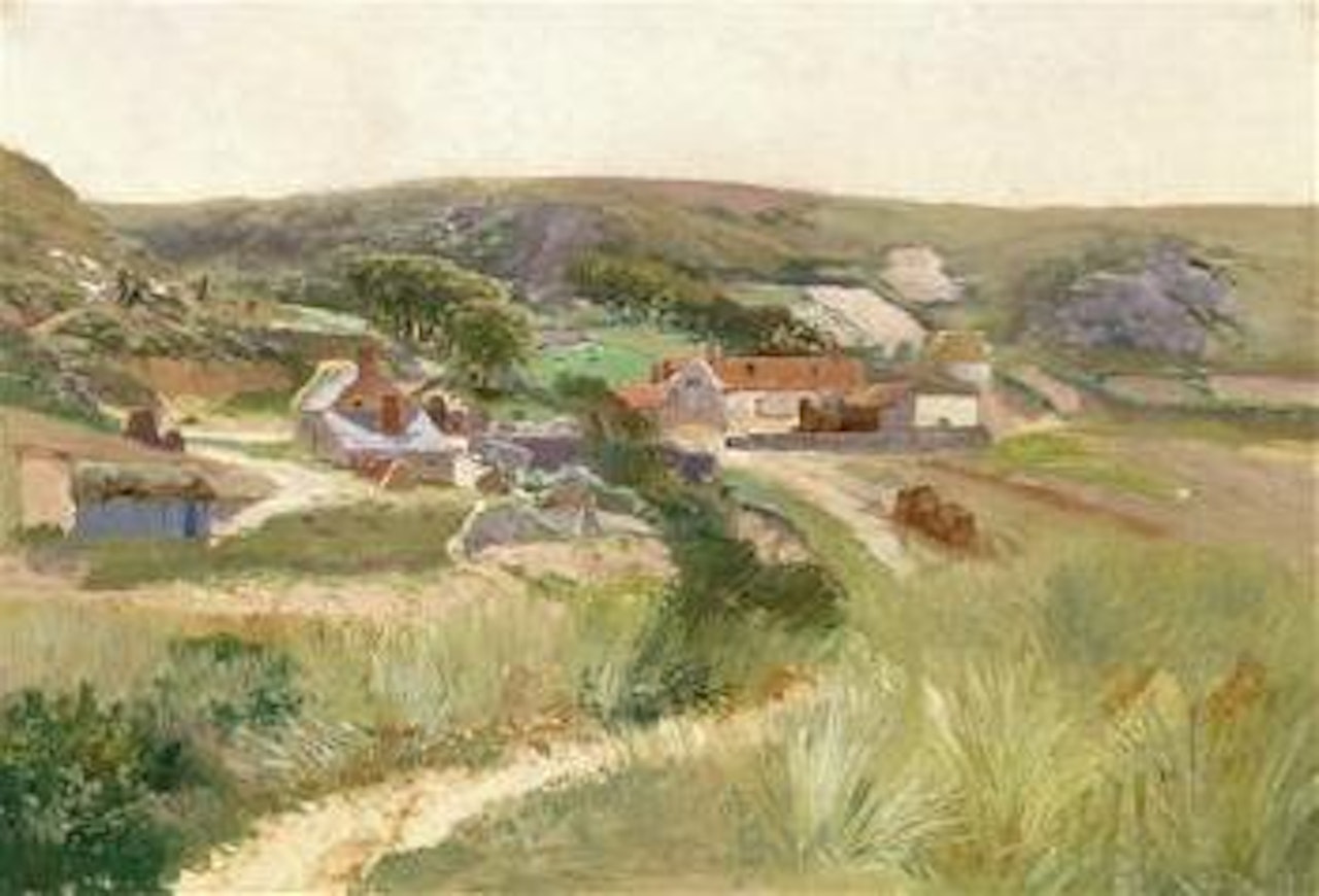 Bei Znaim - Gasthof mit Nebengebäuden von Feldern und Wiesen umgeben by Theodor von Hörmann