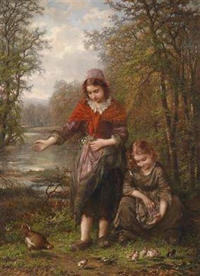 Mädchen zu Besuch bei den Küken by Henry Campotosto by Eugène Joseph Verboeckhoven
