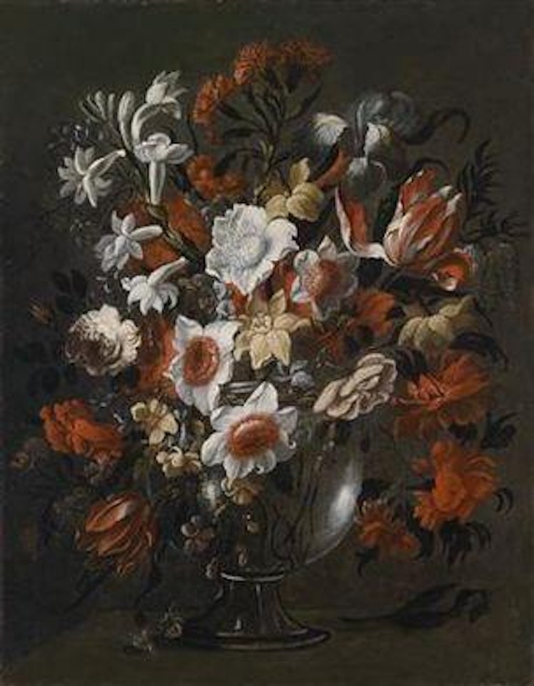 Blumenstillleben mit Tulpen, Rosen, Nelken und anderen Blumen in einer Glasvase by Juan de Arellano