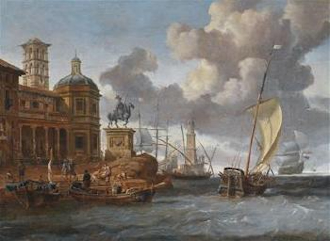 Südlicher Seehafen mit einem Reiterdenkmal by Abraham Storck