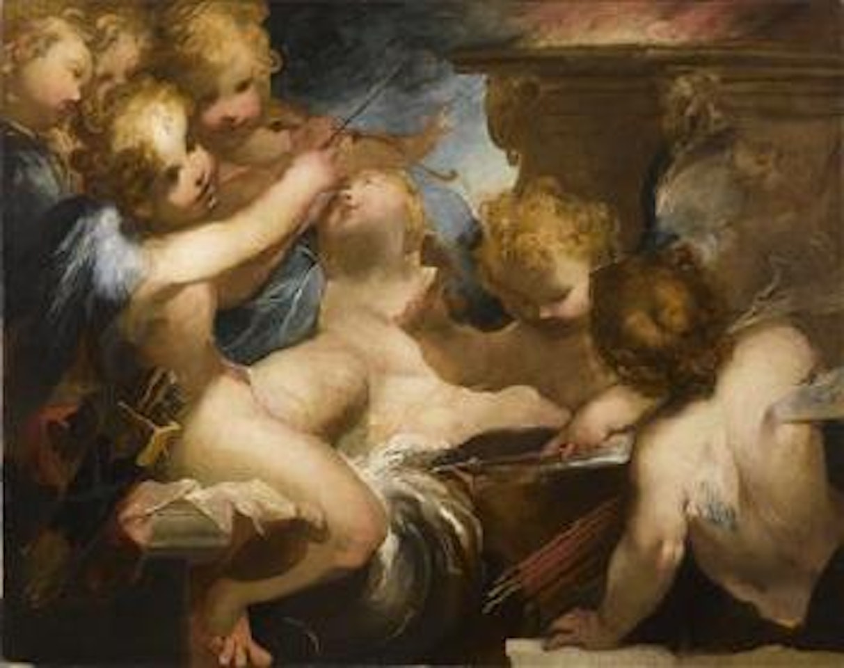 Amoretten beim Bogenschießen und Pfeileschmieden by Valerio Castello