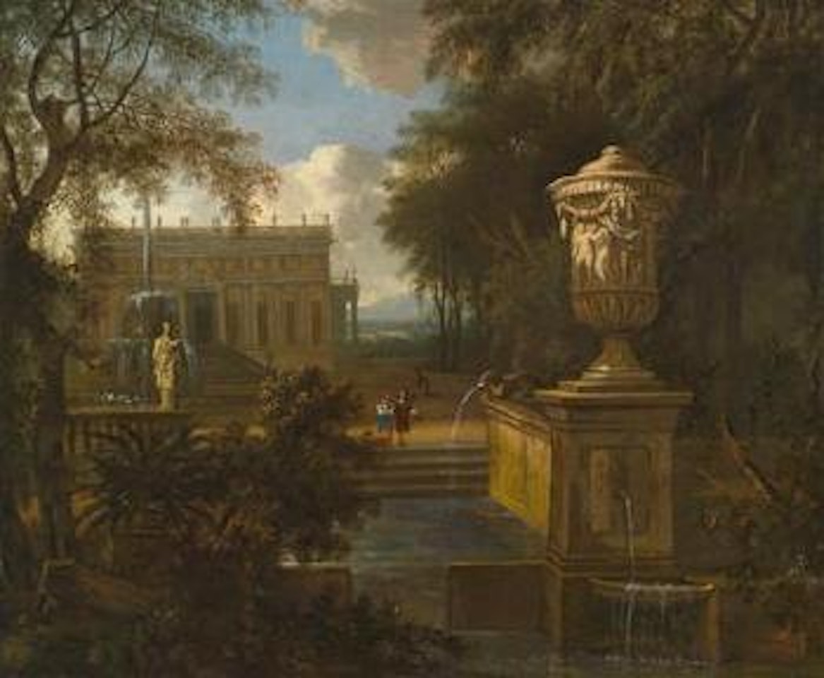 Eine Parklandschaft mit Architekturen und Figurenstaffage by Isaac de Moucheron