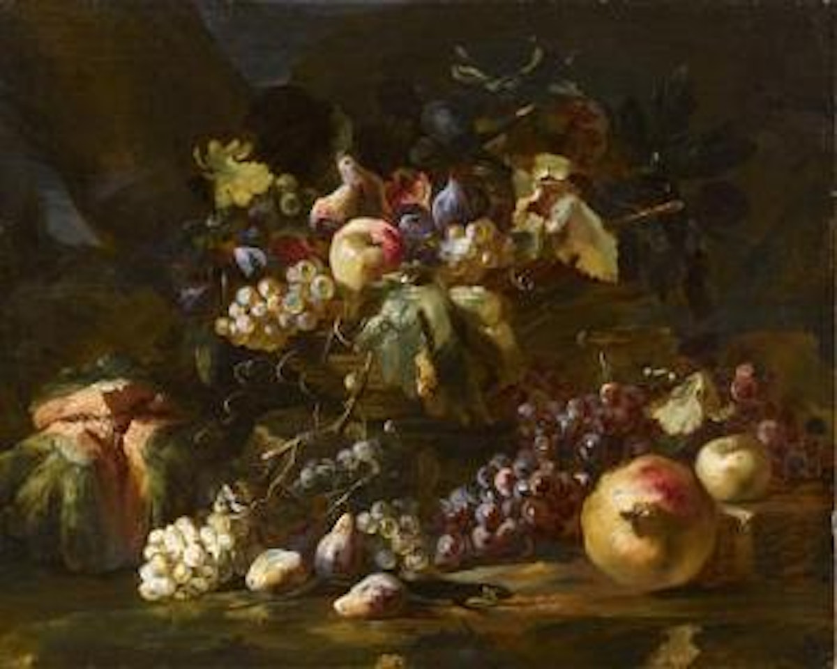 Ein Korb mit Trauben, Äpfeln, Feigen, Birnen und Laub gefüllt, Melone, Granatapfel und eine Smaragdeidechse by Abraham Brueghel