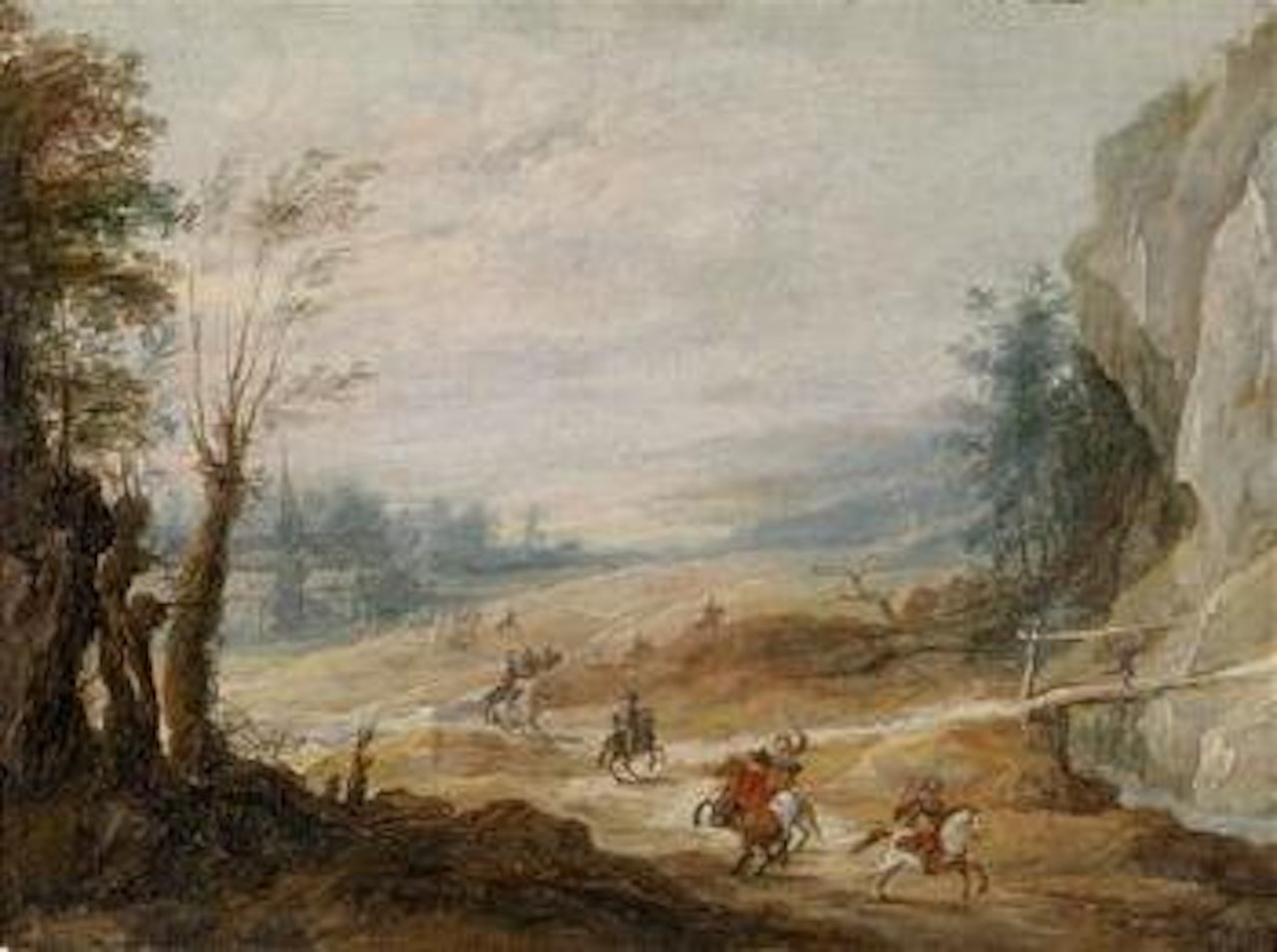 Weite Landschaft mit Reitern, im Hintergrund ein Dorf by Joos de Momper the Younger