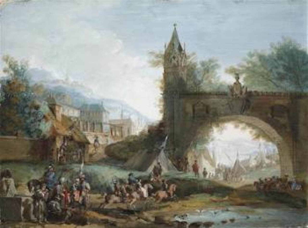 Landschaft mit berittenen Soldaten und einer Bogenbrücke by Giuseppe Bernardino Bison