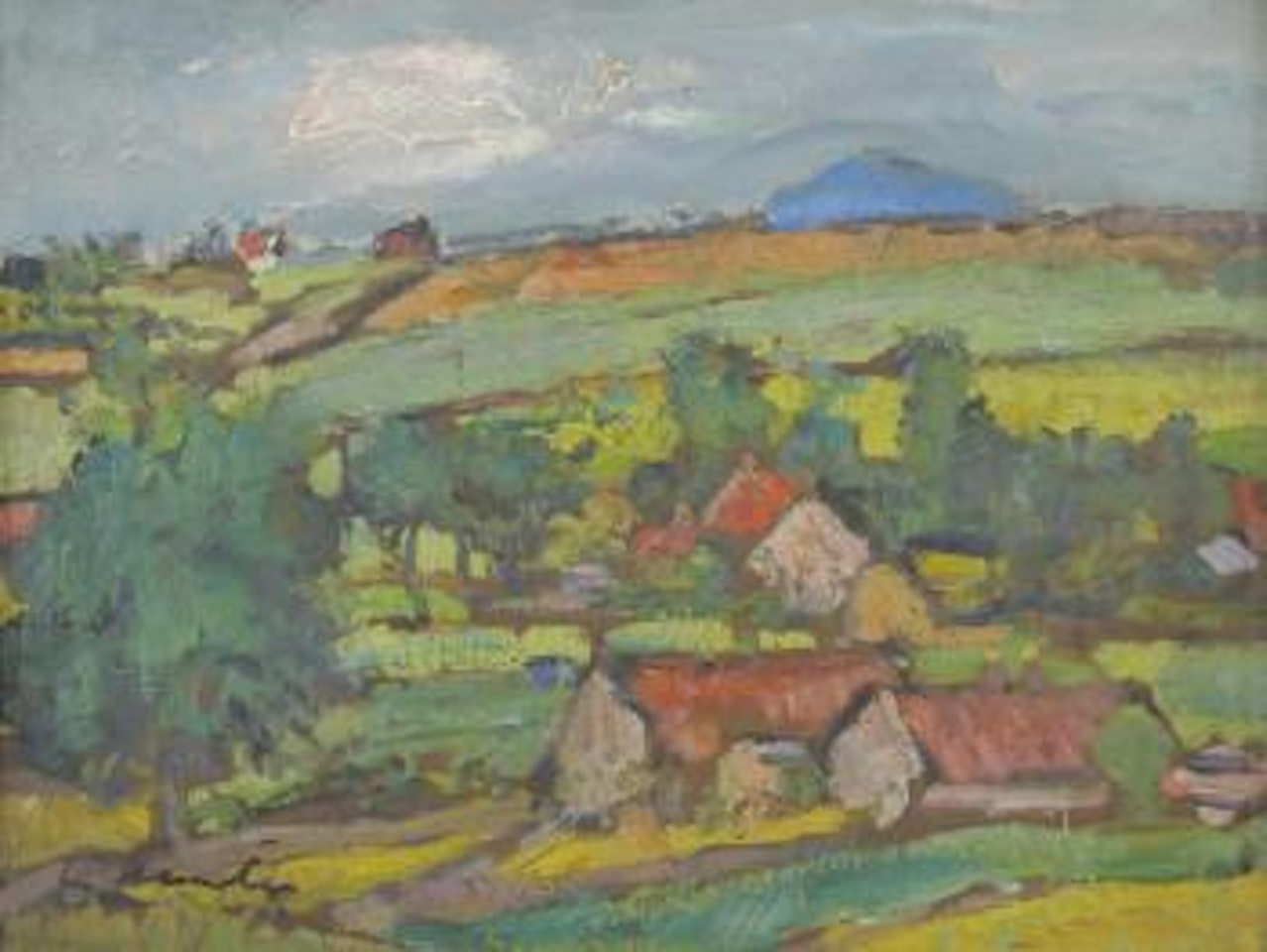 Cottages amongst hills, possibly Fifeshire by George Leslie Hunter