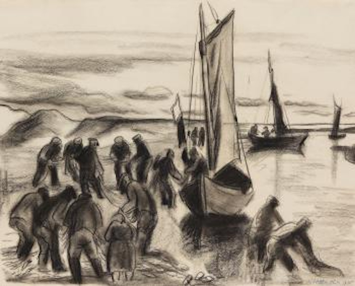 Fischer mit Booten an der Lupow-Mündung in Pommern by Max Pechstein