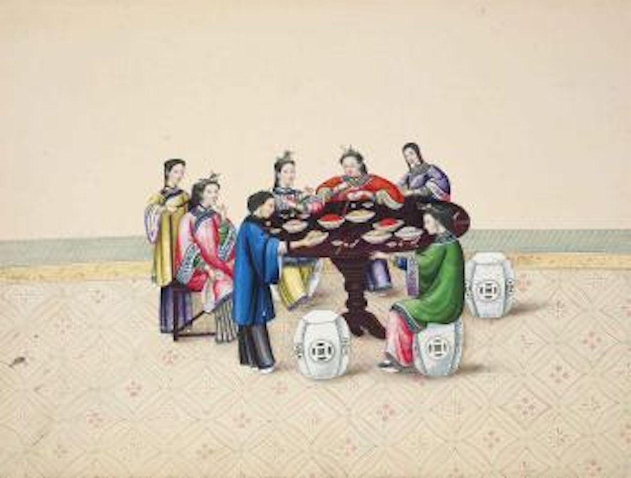 Chinese ladies dining; and A Chinese courtesan, the study bordered with two vignettes of flower boats by Tingqua