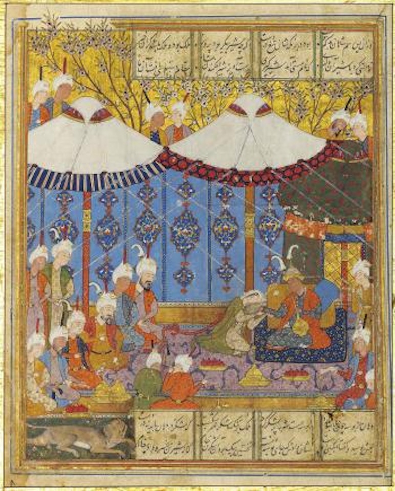 Khusraw kills a lion outside Shirin's tent by Safavid School