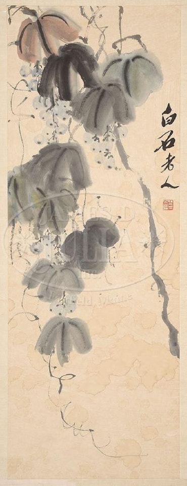 Grapes on leafy vine by Qi Baishi