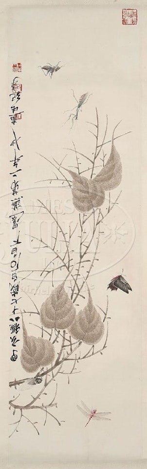 Praying mantis, cicada, and dragonfly amidst leaves by Qi Baishi