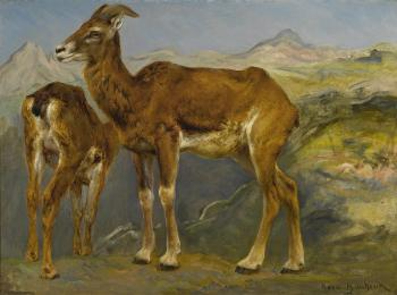 A sketch of two mountain goats in a landscape by Rosa Bonheur