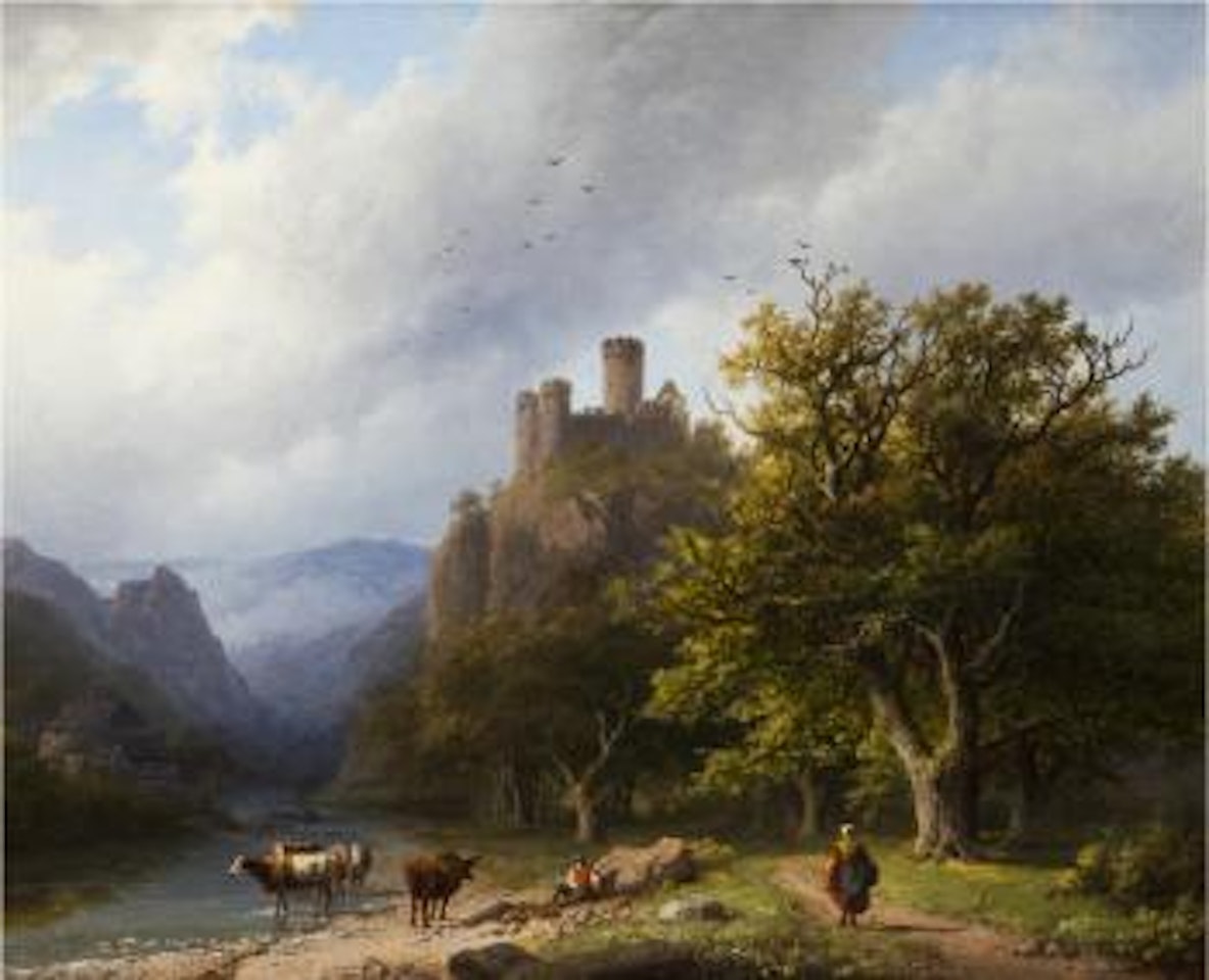 A mountainous landscape with figures and cattle by a valley stream by Barend Cornelis Koekkoek