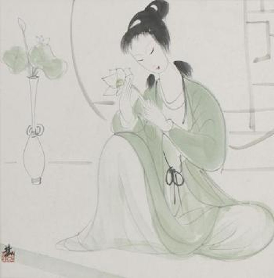 Femme assise tenant une fleur de lotus by Lin Fengmian