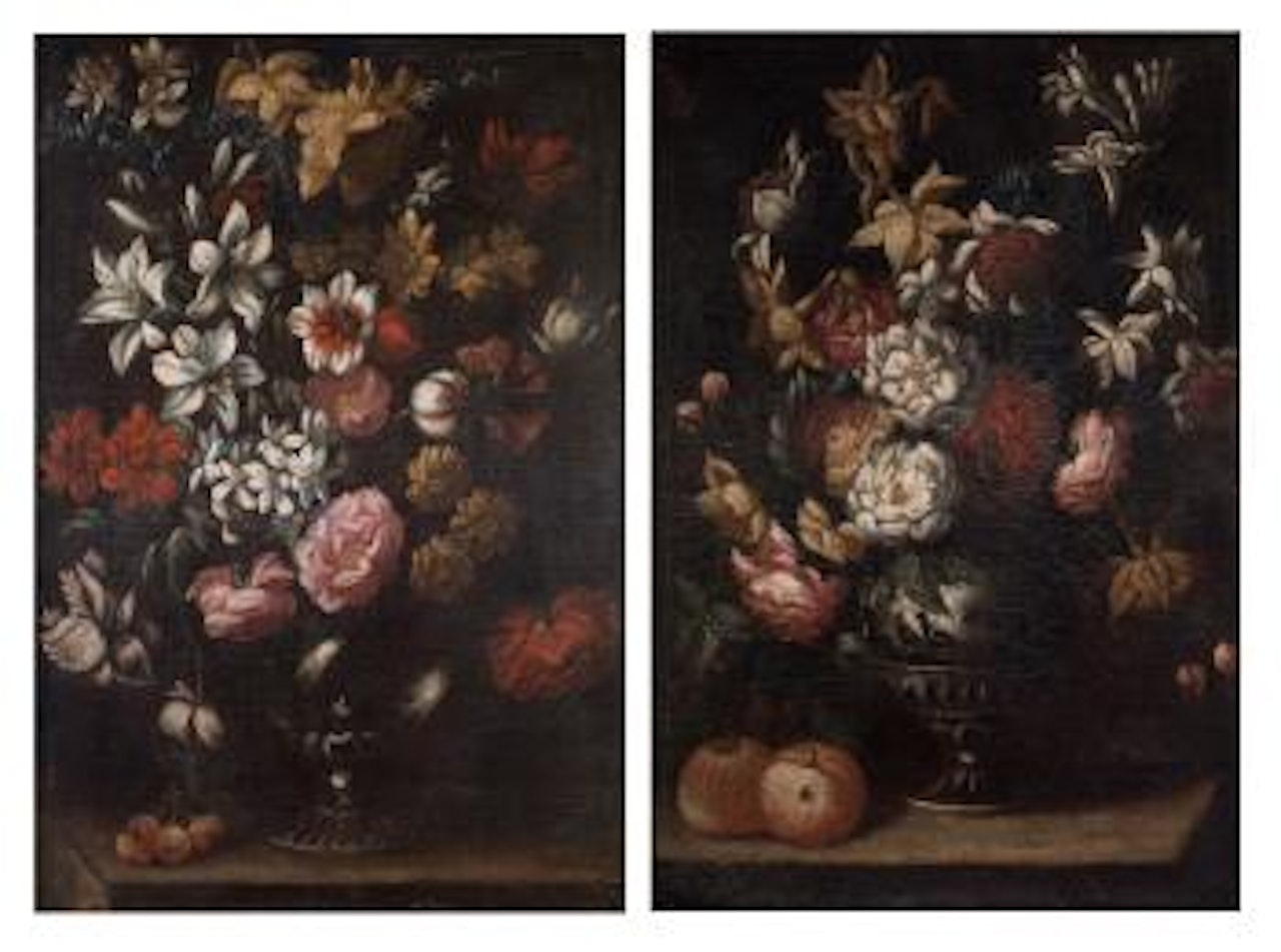 Floreros con azucenas, rosas, lilas y crisantemos by Spanish School