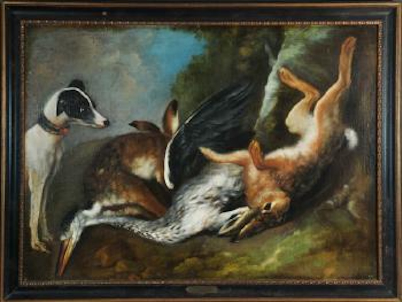 Jagdstillleben mit Hund, erlegten Hasen und Reiher by Jan Weenix