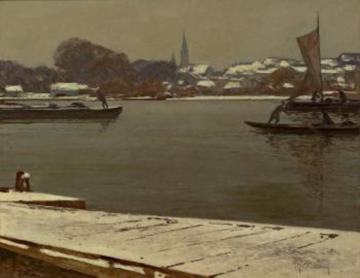 Ansicht der winterlichen Stadt Rees am Niederrhein vom Wasser aus by Max Clarenbach