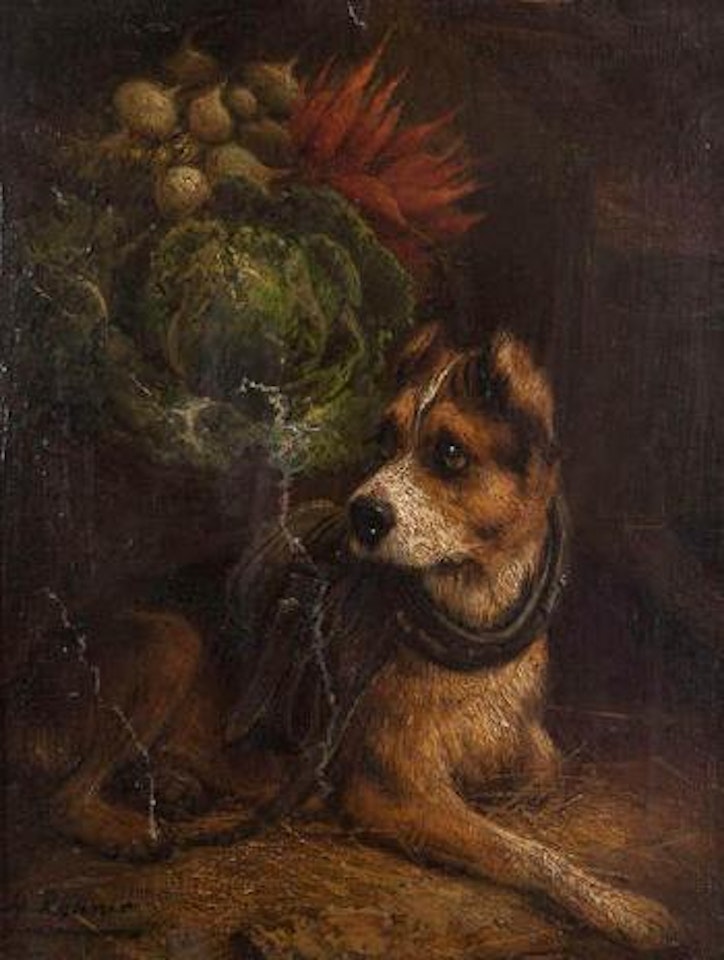 Chien près d’un panier de légumes by Henriette Ronner-Knip