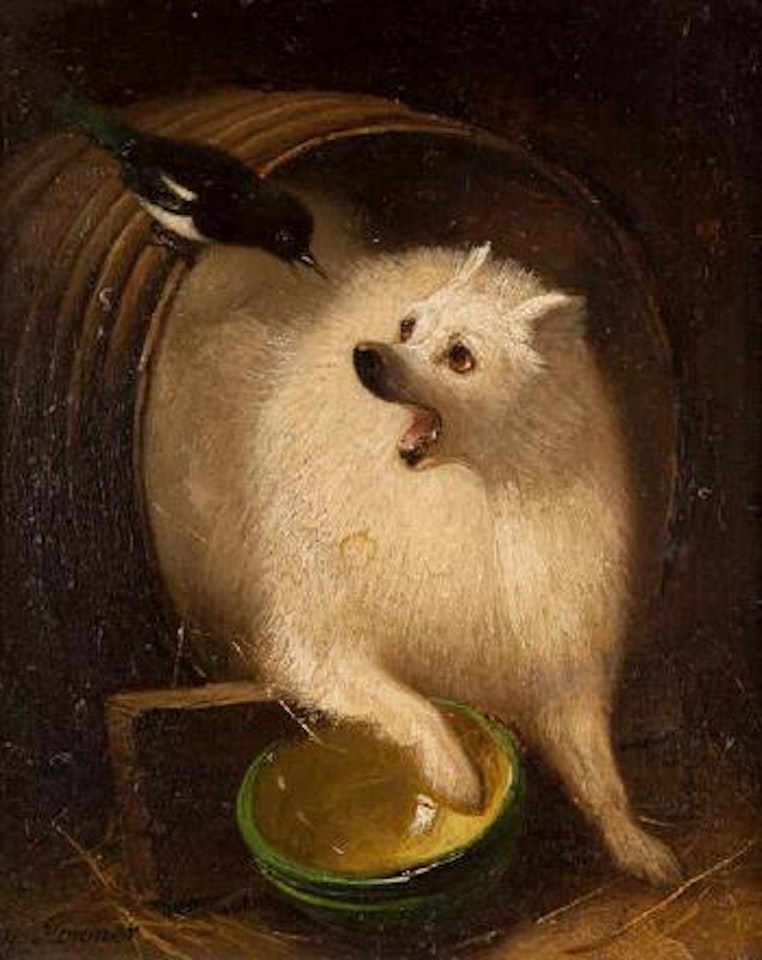 Chien dans un tonneau chassant une pie bavarde by Henriette Ronner-Knip