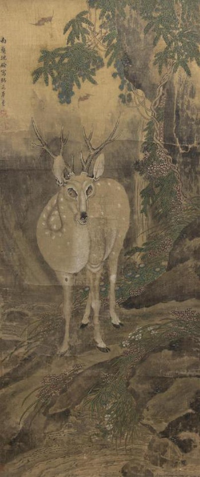 Deer atop a rocky ledge having a rolled paper tied to his antler by Shen Quan