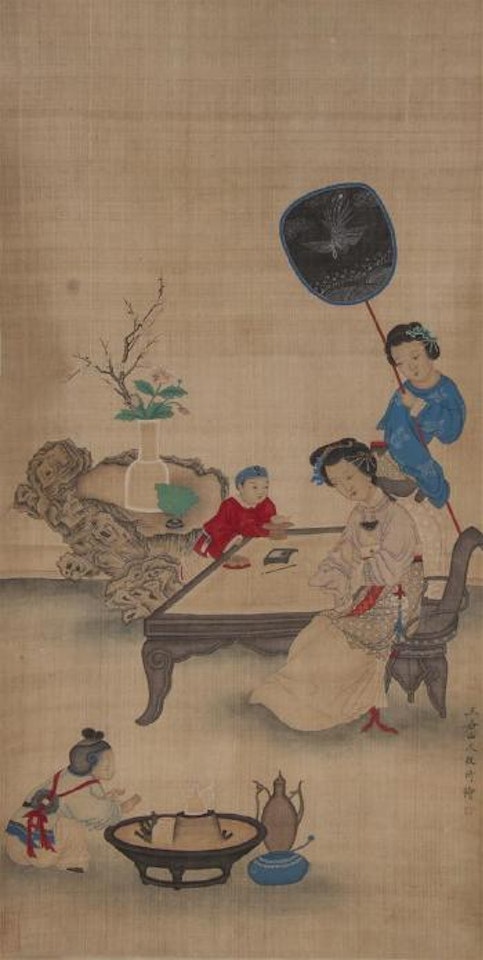 A lady and a child seated at a table with an attendant bearing a fan, with a vase of flowers on a naturalistic table in the background, a figure warming his hands around a basin in the foreground by Gai Qi