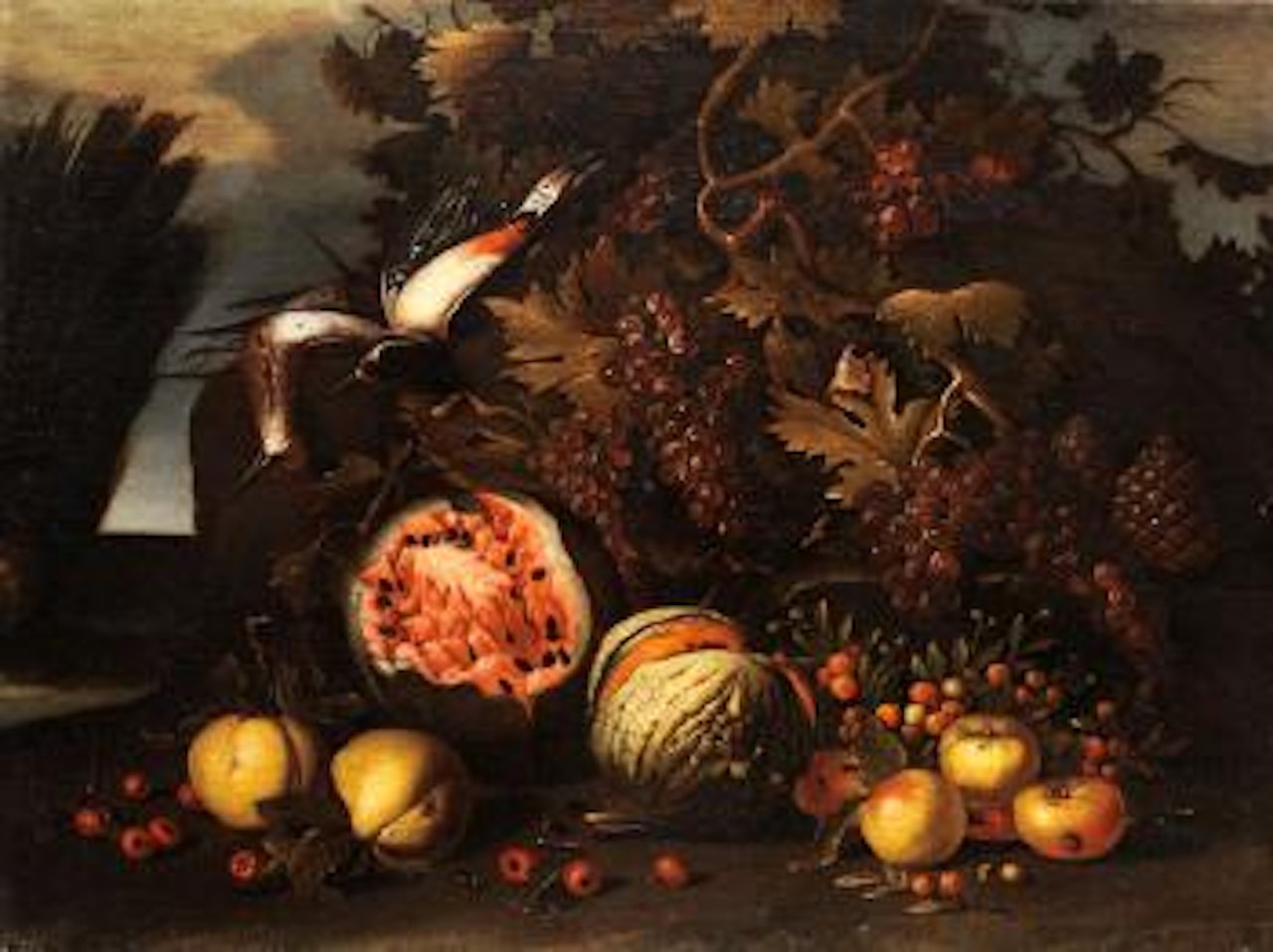 Grosses Früchtestilleben Mit Melonen, Äpfeln, Quitten, Trauben Und Zwei Erlegten Vögeln by Neapolitan School