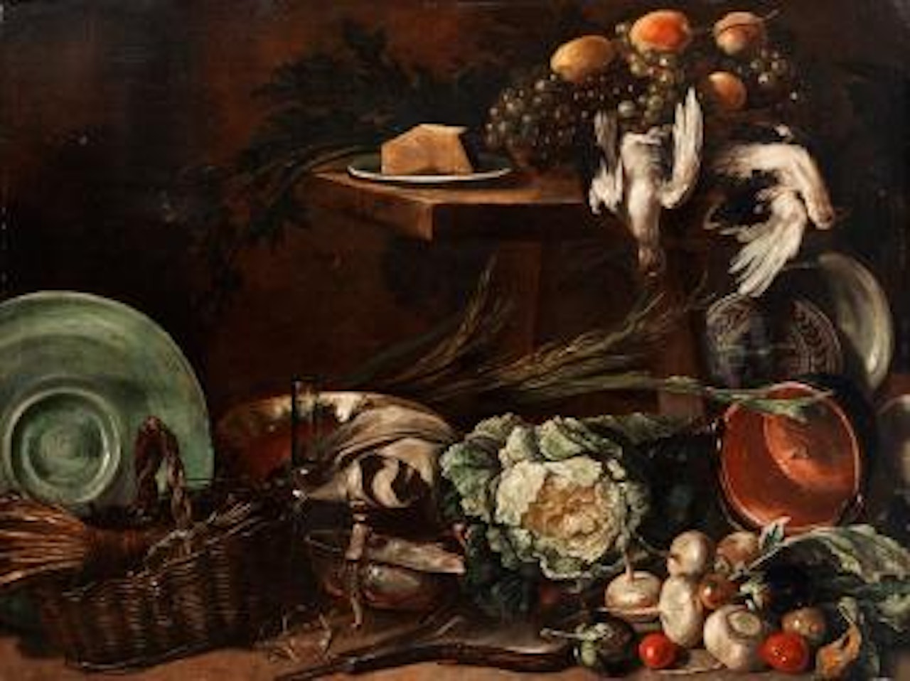 Grosses Küchenstilleben Mit Gemüse, Geschirr, Korb, Totem Geflügel Und Trauben by Giuseppe Recco