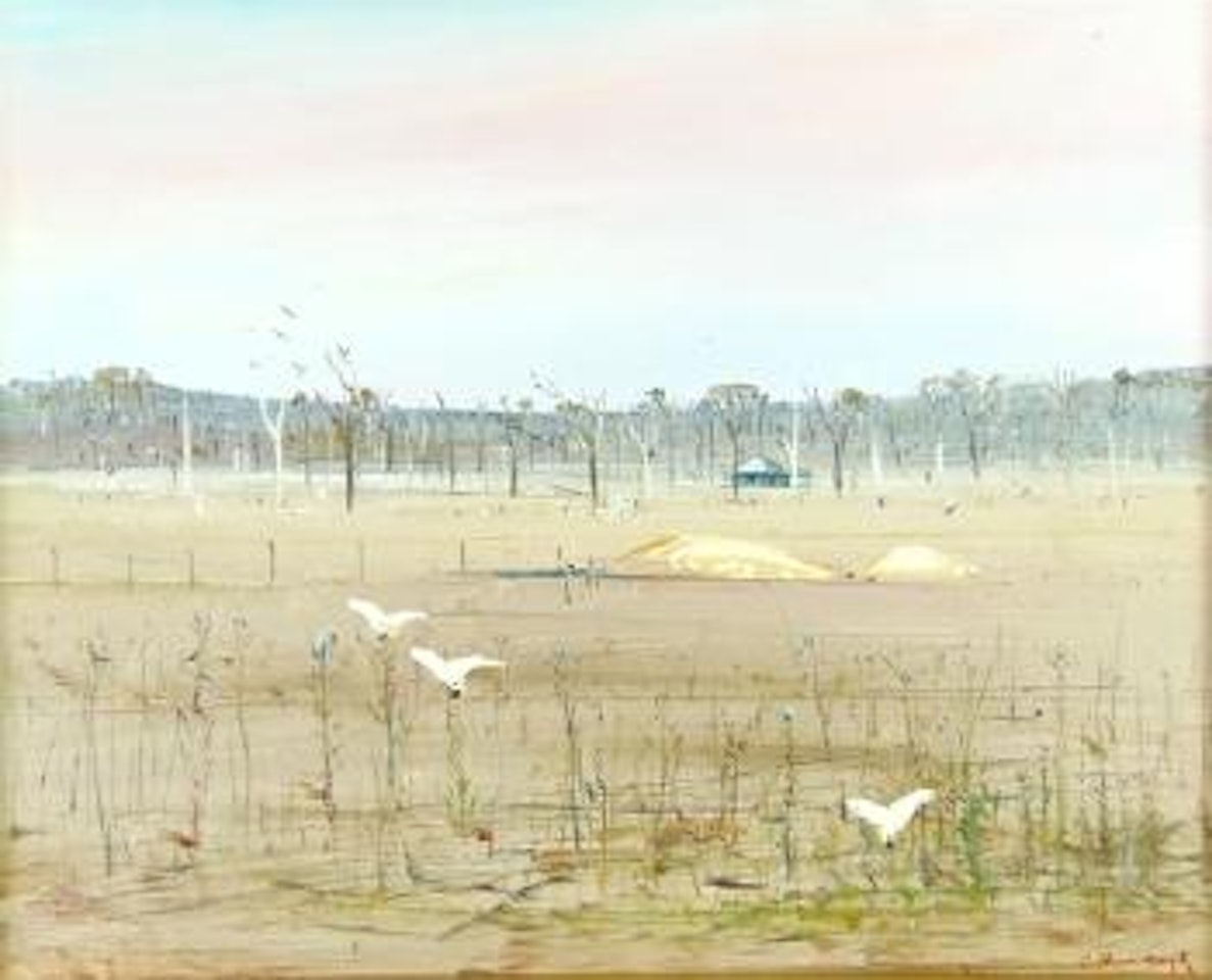 Landscape with birds and distant building by Arthur Merric Bloomfield Boyd
