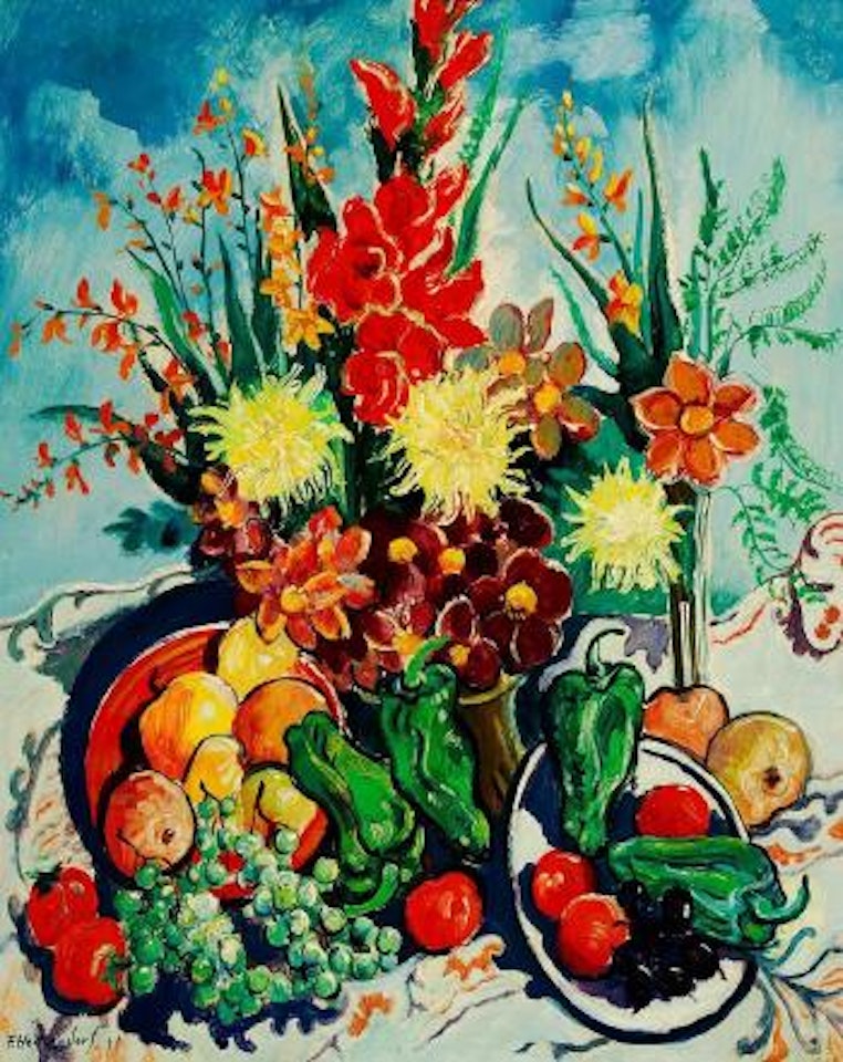 Großes Stilleben Mit Blumen Und Früchten by Franz Heckendorf