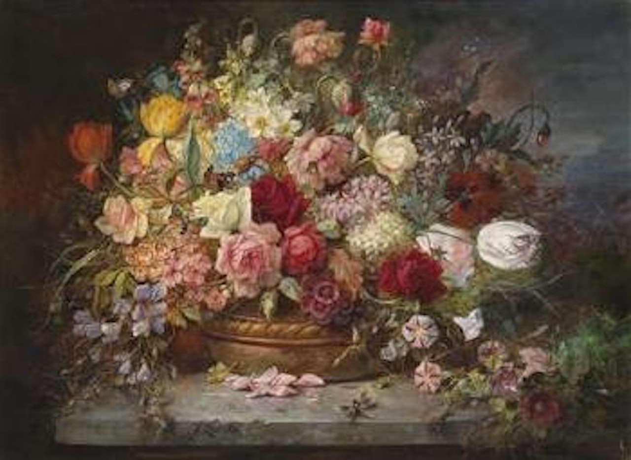 Blumenstück in Kupferschale mit Libelle by Hans Zatzka