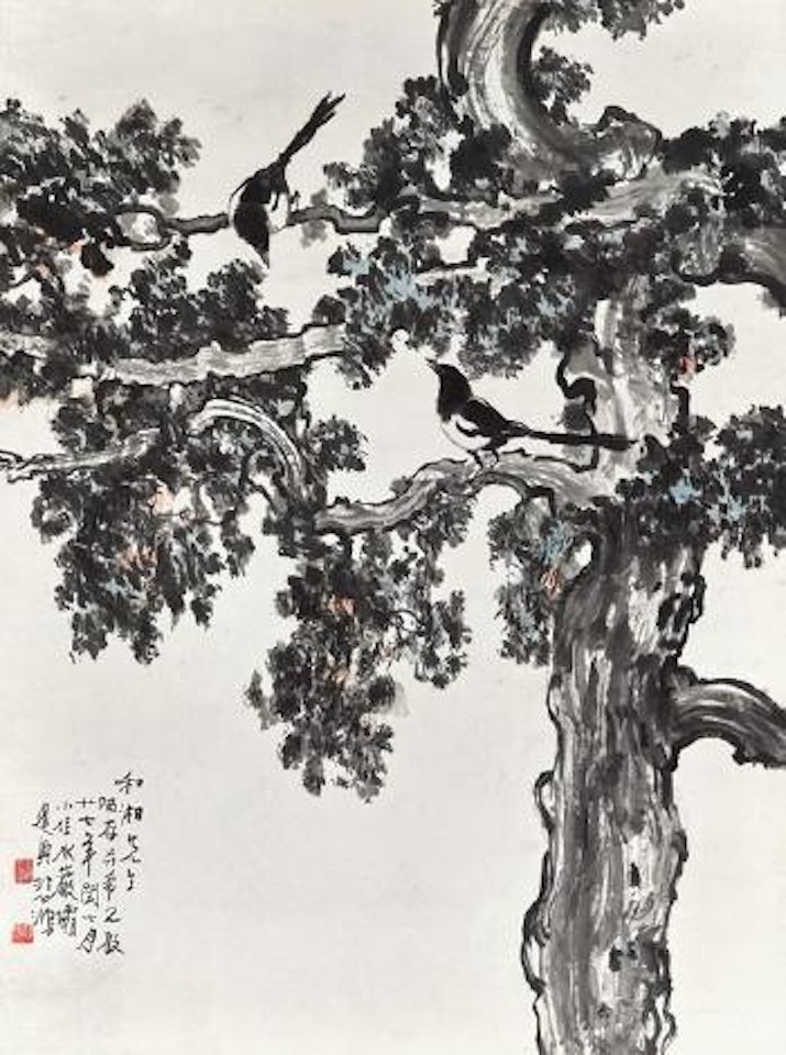 Magpies on pine tree by Xu Beihong