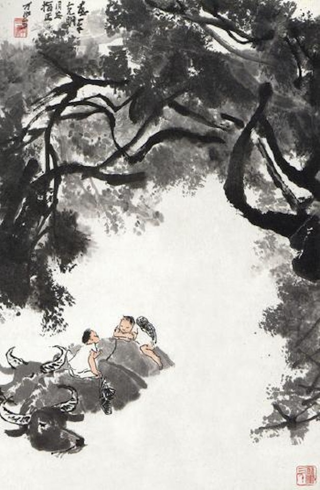 Riding buffalo by Li Keran