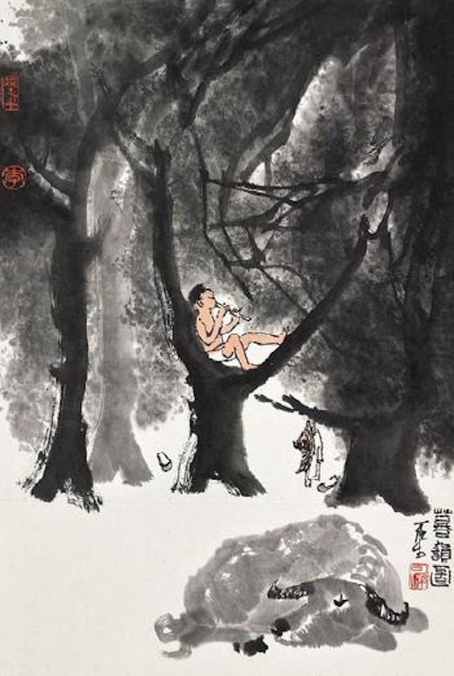 Playing flute by Li Keran