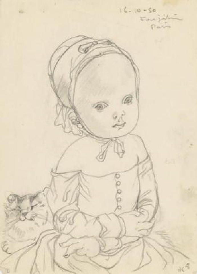 Fillette jouant avec les pattes de son chat by Leonard Tsuguharu Foujita