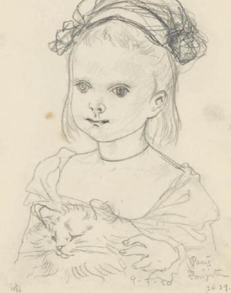Fillette à la charlotte et son petit chat by Leonard Tsuguharu Foujita