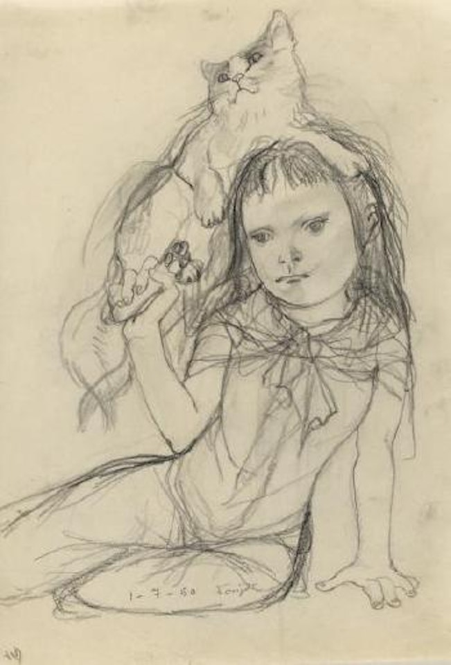 Jeune fille portant un chat by Leonard Tsuguharu Foujita