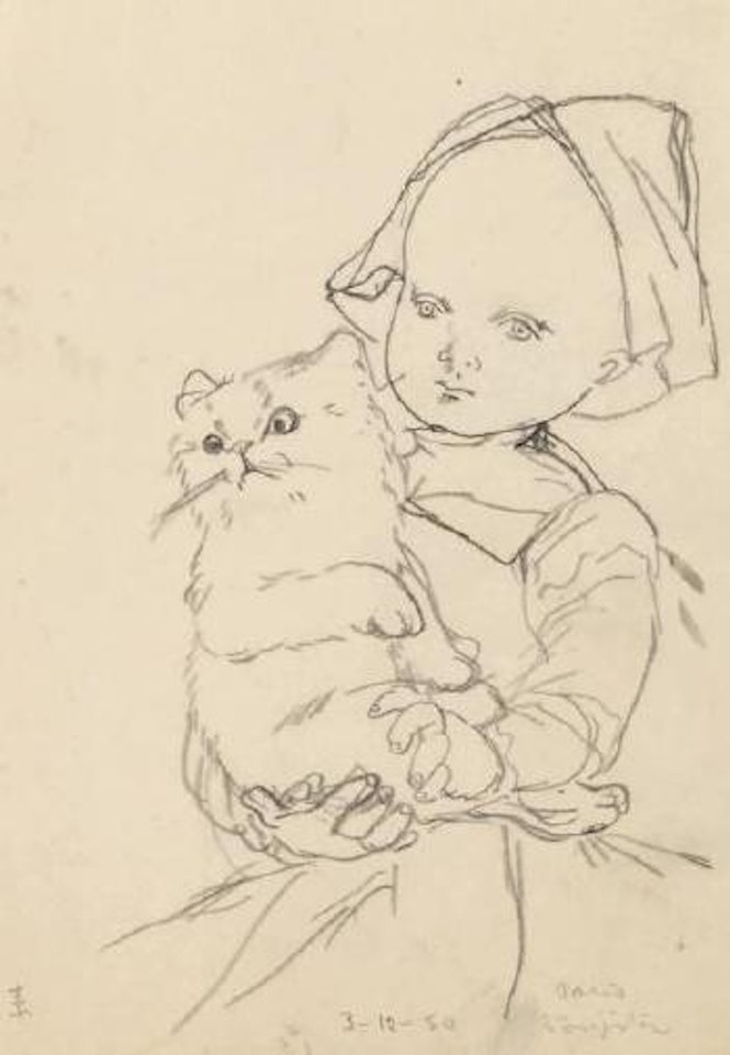 Petite fille à la coiffe portant son chat by Leonard Tsuguharu Foujita