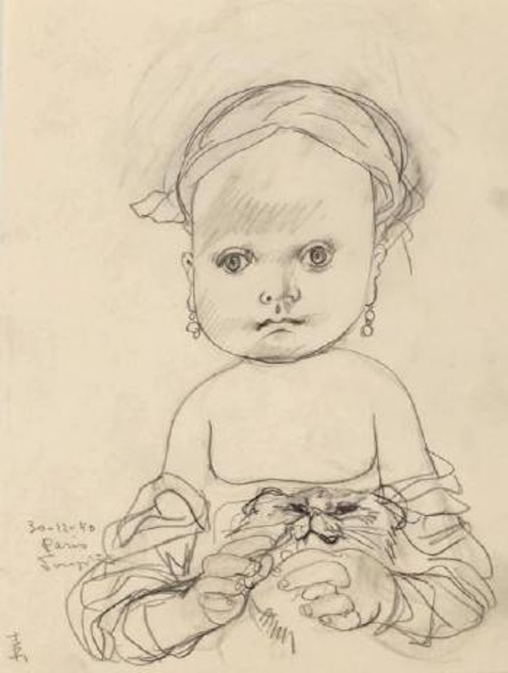 Fillette aux boucles d’oreilles et son chaton by Leonard Tsuguharu Foujita