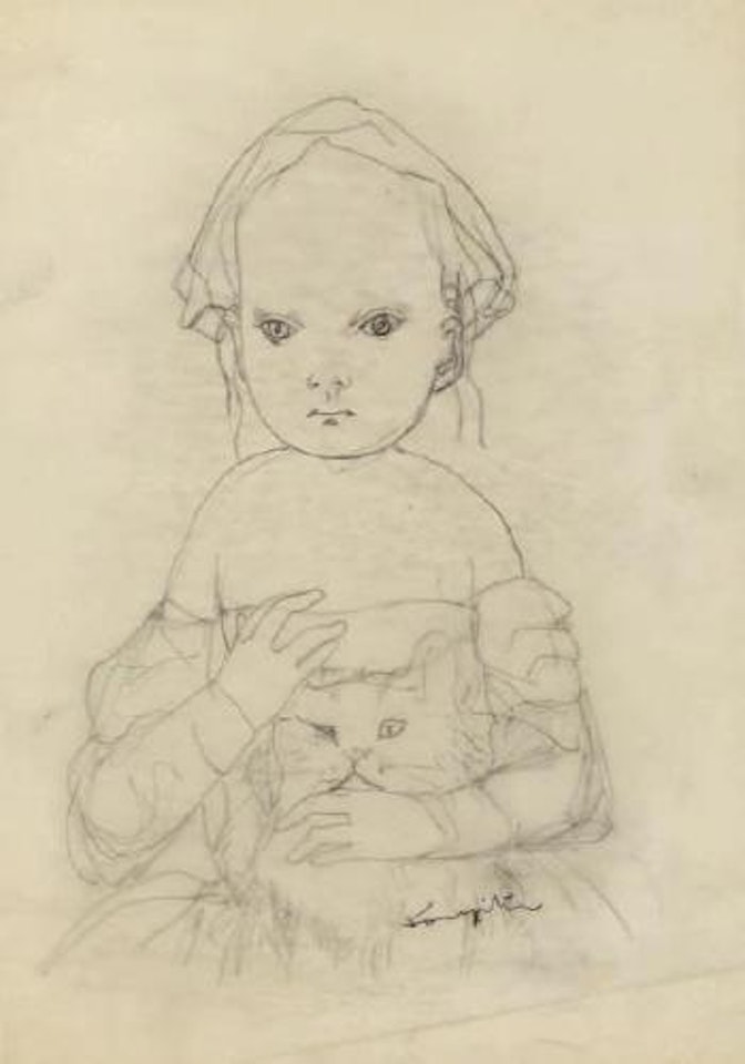 Fillette calinant son chat by Leonard Tsuguharu Foujita