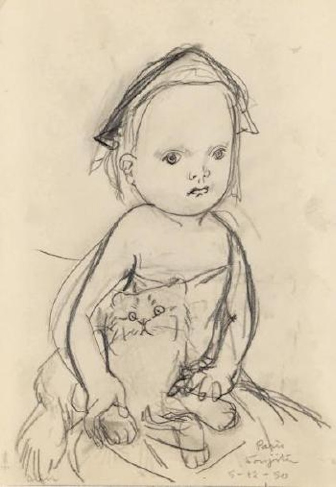 Petite fille sage et son chaton endormi by Leonard Tsuguharu Foujita
