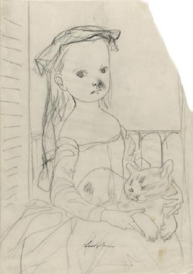 Jeune fille à la fenêtre avec son chat by Leonard Tsuguharu Foujita