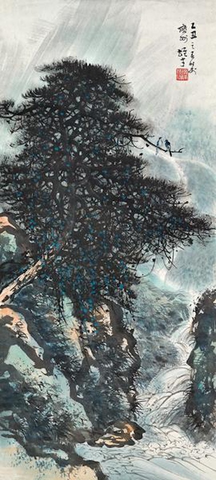 Twin birds on pine tree by Li Xiongcai