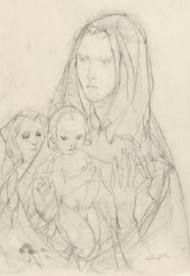 Mère portant un voile et ses deux enfants by Leonard Tsuguharu Foujita
