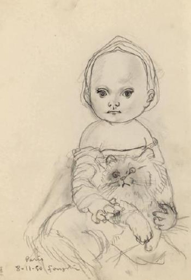 Fillette aux épaules dénudées et son chat by Leonard Tsuguharu Foujita