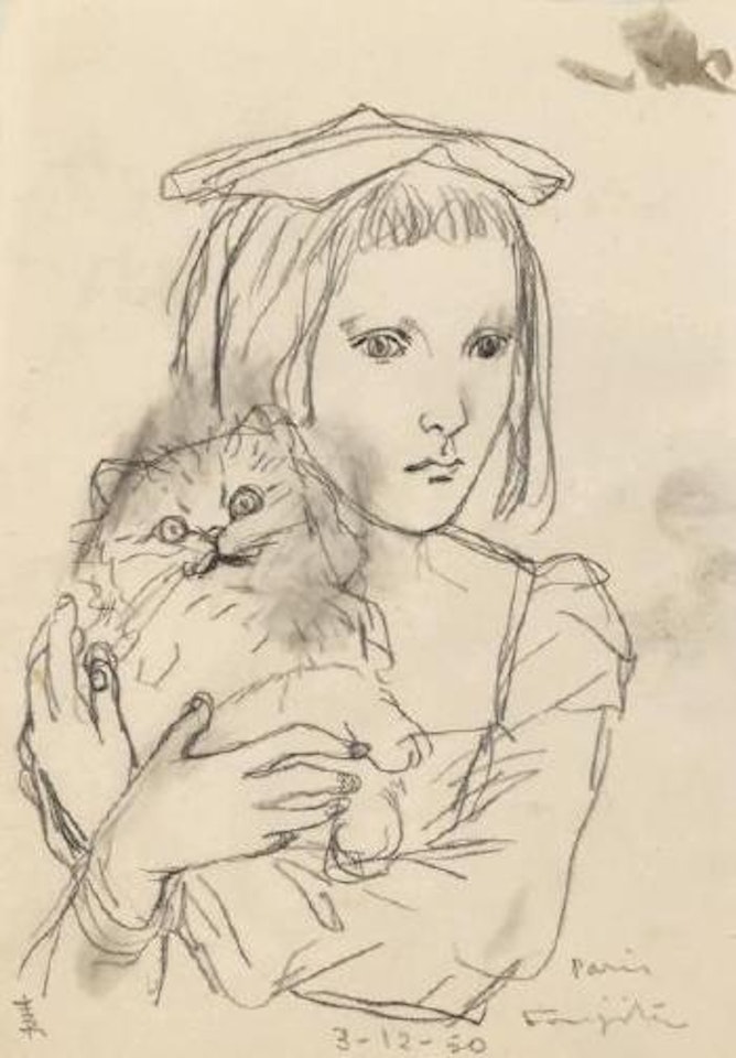 Jeune fille portant un chat by Leonard Tsuguharu Foujita