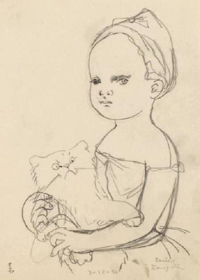 Fillette assise avec son chat by Leonard Tsuguharu Foujita