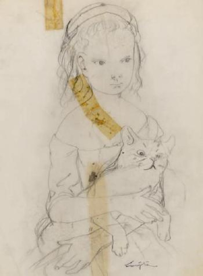 Jeune fille retenant son chat by Leonard Tsuguharu Foujita